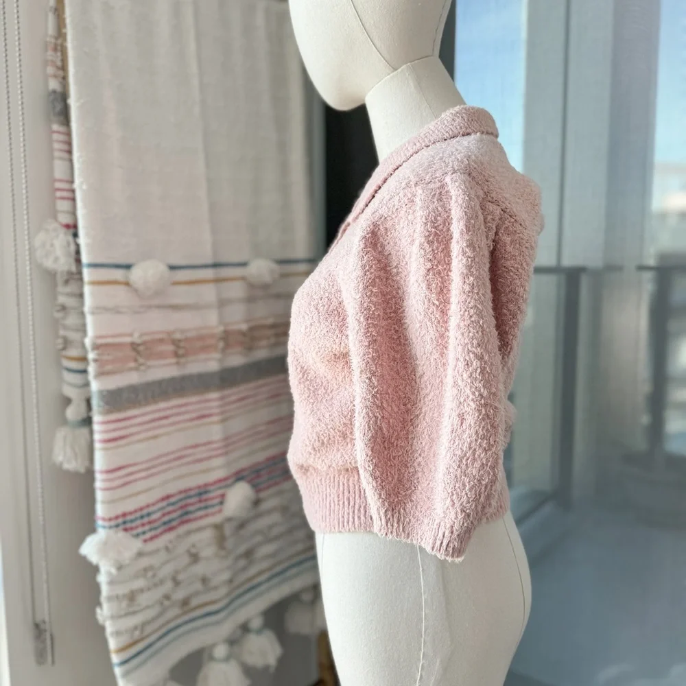 Reformation Light Pink Fuzzy Short Sleeves Collared Pullover Polo Women’s Small - Picture 3 of 8